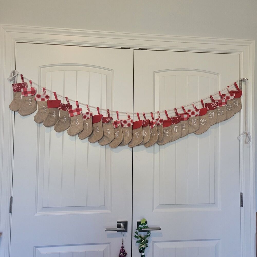 Advent Calendar Stockings Burlap w fabric 1-24 Embroidered hanging from Rope